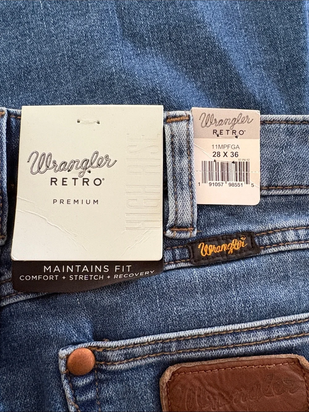 Wrangler Retro Premium Trumpet Flare Blue Denim Jeans with Gold Logo Stitching - Picture 5 of 6